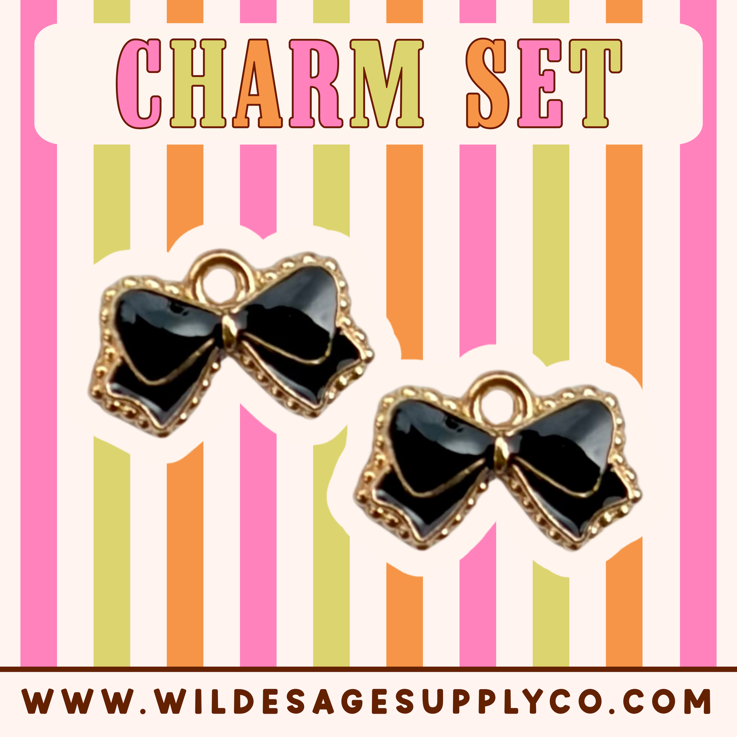 Black Glitter Bow - Gold Charm Set