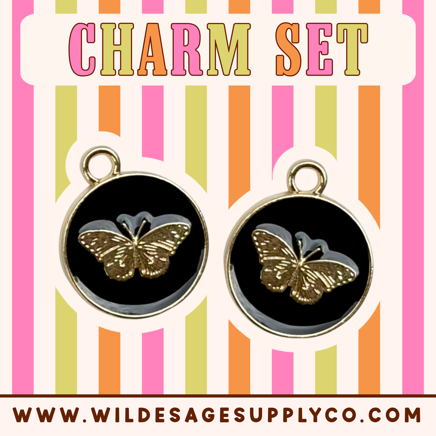 Black Butterfly Circle - Gold Charm Set