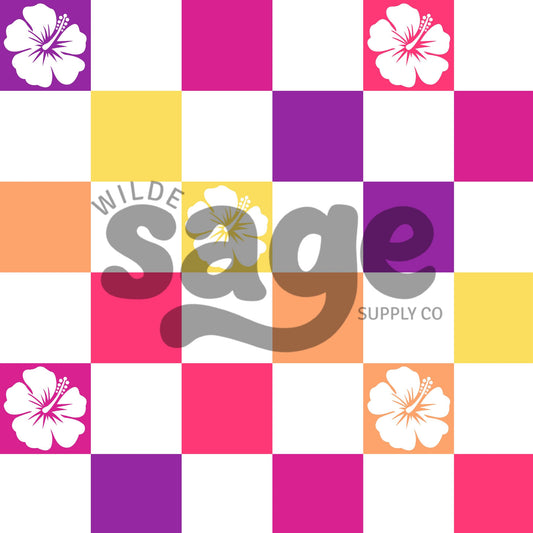 Bright Hibiscus Checker Seamless