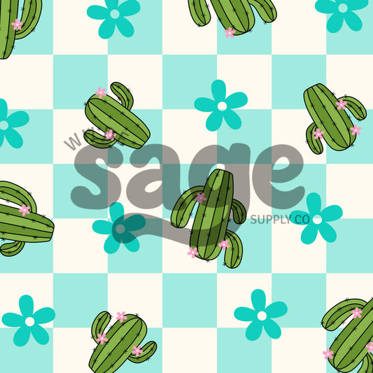 Blue Cactus Checker Seamless