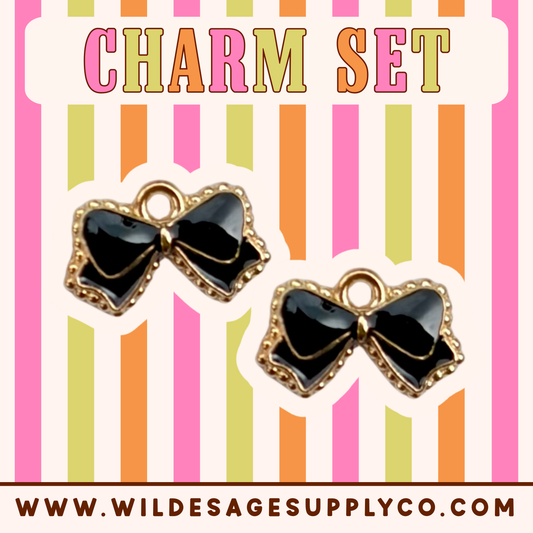 Black Glitter Bow - Gold Charm Set
