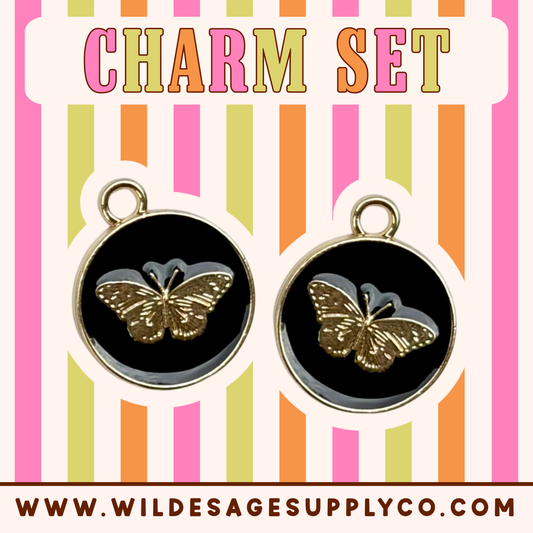 Black Butterfly Circle - Gold Charm Set