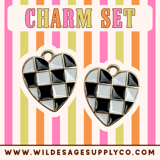 Black Checker Heart - Gold Charm Set