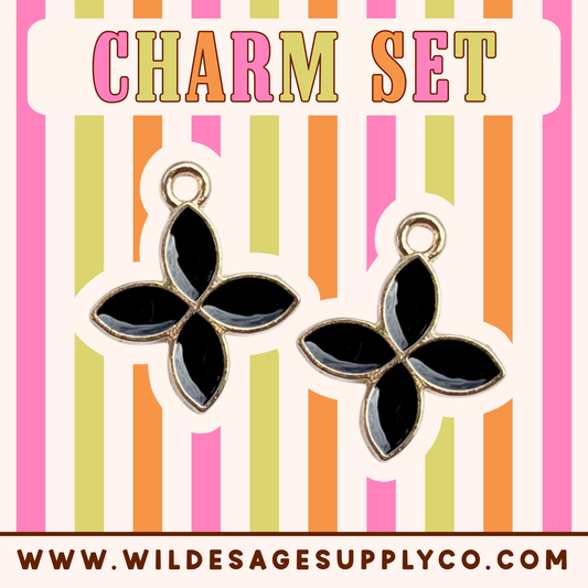 Black Four Petal Flower - Gold Charm Set