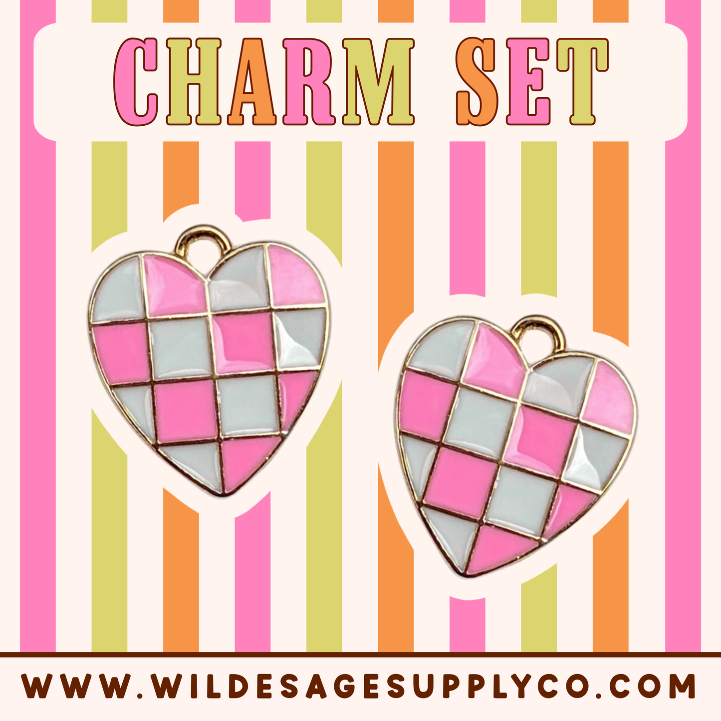 Pink Checker Heart - Gold Charm Set