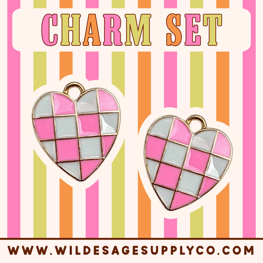 Pink Checker Heart - Gold Charm Set