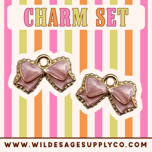 Pink Glitter Bow - Gold Charm Set