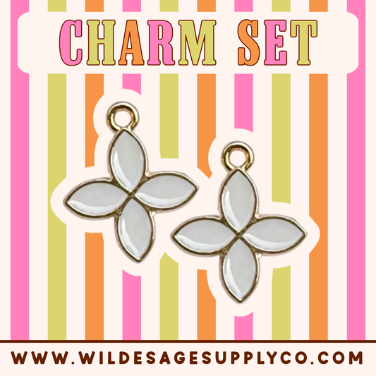 White Four Petal Flower - Gold Charm Set
